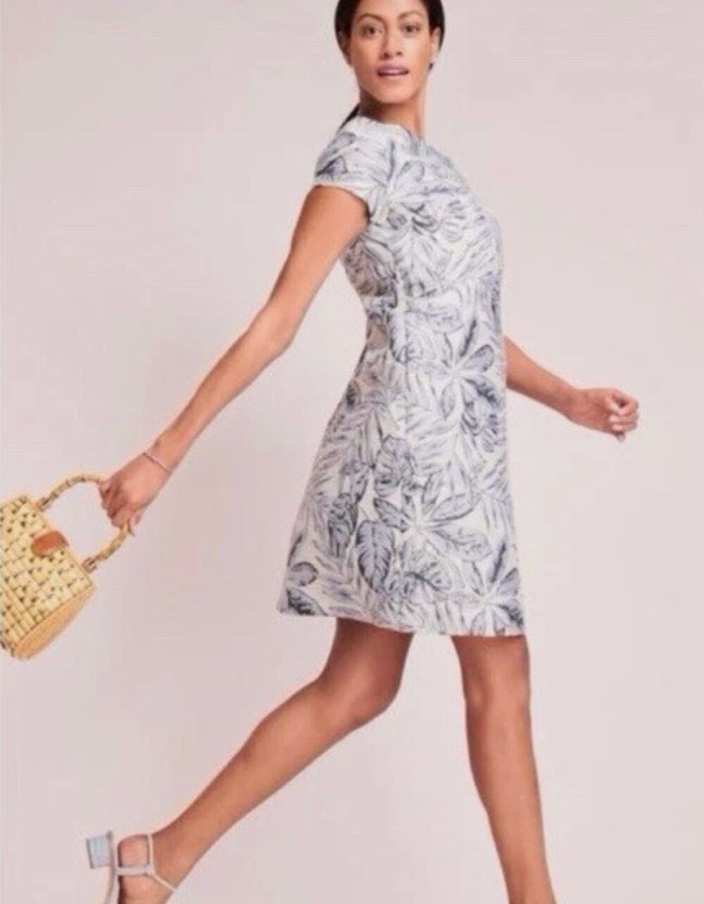 J.McLaughlin Womens M Silver Blue Jacquard Leaf A-Line Shift Midi Dress Luxe